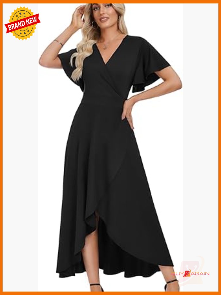 V Neck Ruffle Sleeve Maxi Dress Split Wrap Wedding Guest Elegant Casual